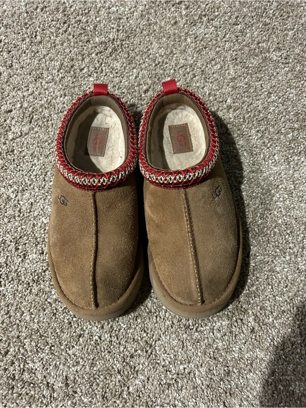 UGG Kids Chestnut Suede Slip-On Slippers with Red Trim